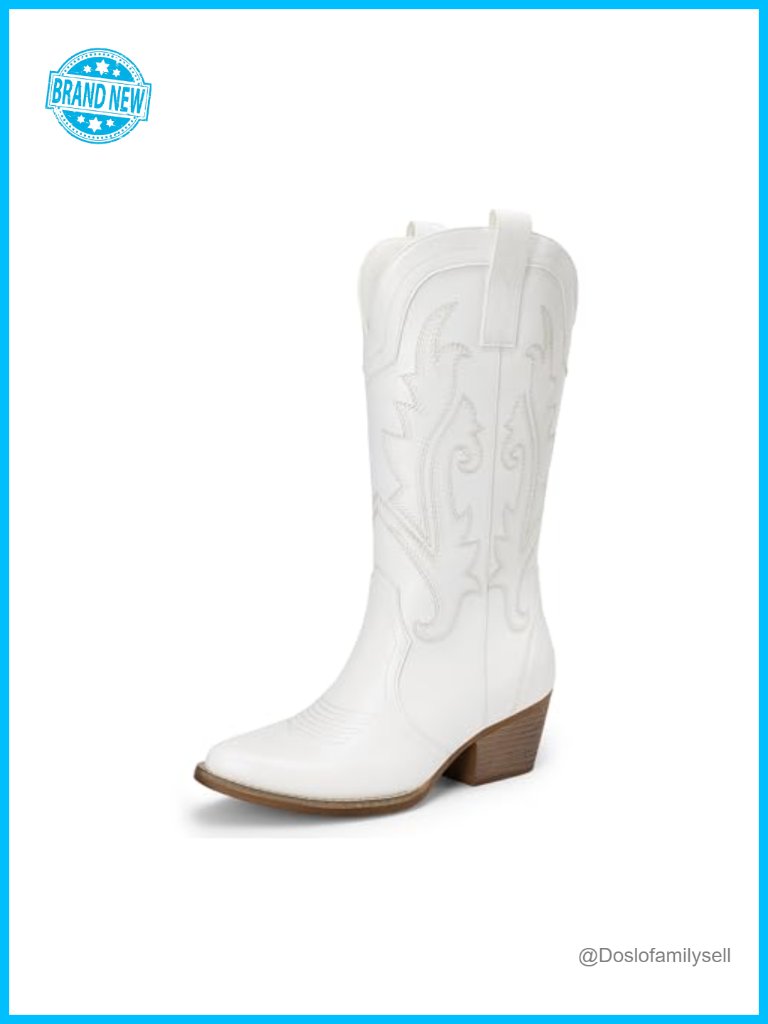 Embroidered Pointed Toe Cowgirl Boots, Faux Leather, Western Mid Calf, Low Heel